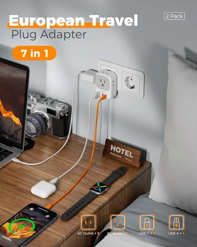 Miniatura 4 de Paquete de 2 adaptadores de enchufe de viaje europeos (sin conversión de voltaje), TESSAN adaptador de enchufe de EE. UU. a Europa con 4 tomas