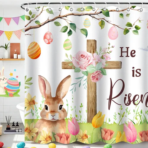 Cortina de ducha de Pascua para baño, cortina de ducha de Pascua con conejo cruzado, 71 x 71 pulgadas, cortina de ducha de resorte de conejo de tela