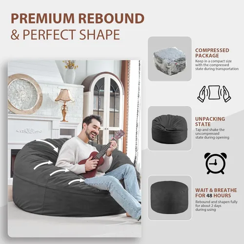 Miniatura 112 de Puf de 5 pies, puf grande con relleno de espuma viscoelástica, sofá puff esponjoso con funda de terciopelo holandés, puf redondo para sala de estar