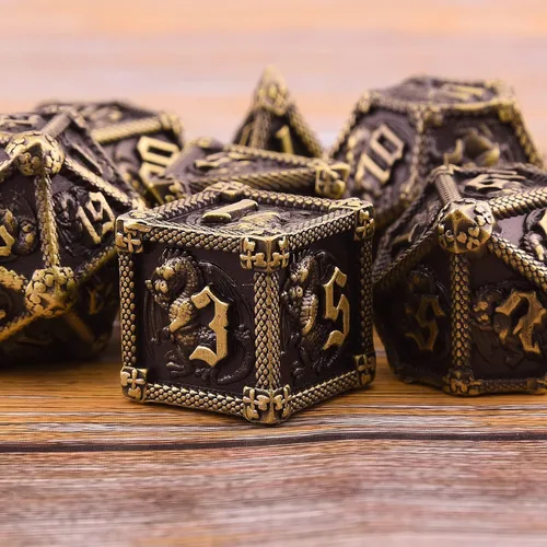 Miniatura 5 de AUSTOR Juego de dados de metal DND de 7 troqueles, juego de dados poliédricos de Calabozos y Dragones con caja D20 D12 D10 D% D8 D6 D4 para Bronce