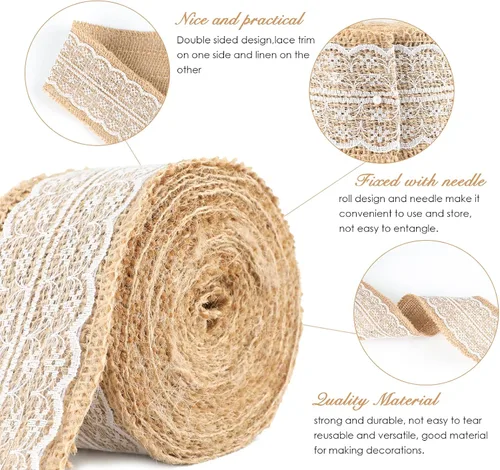 Miniatura 2 de jijAcraft Rollo de cinta de arpillera de yute natural, 2.4 pulgadas x 5.5 yardas, cinta de arpillera de encaje blanco rústico para manualidades