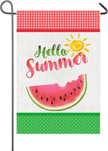 Bandera de jardín de verano de 12 x 18 pulgadas, bandera de jardín de sandía de doble cara, bandera de arpillera a cuadros, banderas de verano para