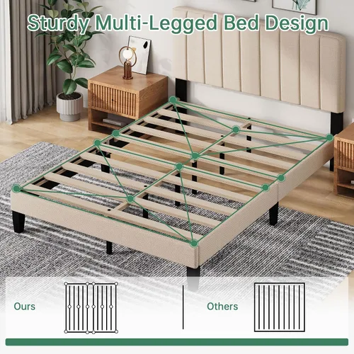 Miniatura 6 de Base de cama tamaño Queen con cabecera tapizada, base de cama de plataforma con cabecera suave de lino de altura ajustable, 10 piezas de soporte