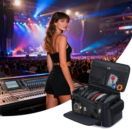 Miniatura 7 de Bolsa grande para archivos de cable de DJ con 8 divisores desmontables, bolsa de DJ acolchada con múltiples compartimentos y bolsillos para equipos