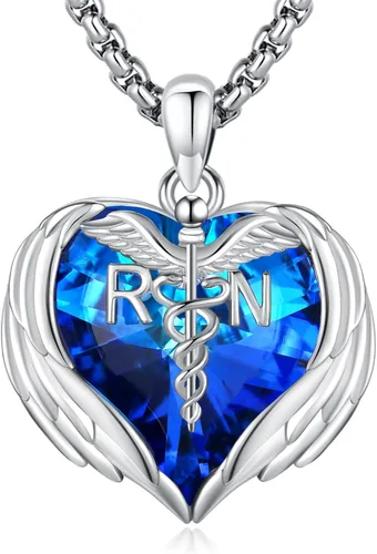 Miniatura 192 de Collar de alas de ángel de plata de ley 925, ángel de la guarda, enfermera RN caduceo, dije de ángel de cristal, joyería de regalo para mujer