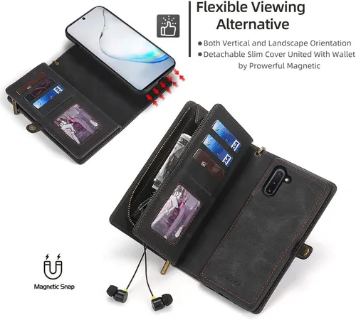 Miniatura 4 de Asuwish Funda de teléfono para Samsung Galaxy Note 10 5G con cremallera, funda desmontable con protector de pantalla de vidrio templado y tarjetero