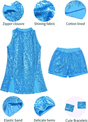 Miniatura 4 de LOLANTA Vestido de baile de lentejuelas para niñas de 4 a 12 años, traje de baile de hip hop, sin mangas y pantalones cortos