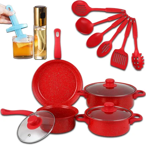 Miniatura 7 de Juego de utensilios de cocina de aluminio antiadherente de 7 piezas, ollas y sartenes, juegos de ollas y sartenes antiadherentes con tapas para Negro