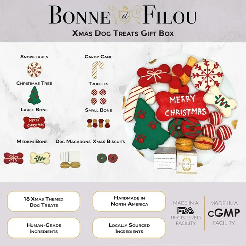 Miniatura 4 de Bonne et Filou - Bocadillos navideños para perros, caja de regalo gourmet de lujo, 18 macarrones diseñados a mano, trufas y galletas de hueso