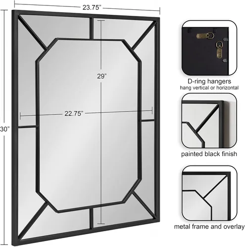 Miniatura 2 de Kate and Laurel Ardithe - Espejo rectangular decorativo geométrico; 24 x 30; negro; espejo rectangular moderno con incrustaciones de vidrio