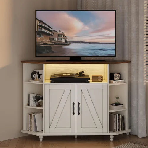 Miniatura 10 de 4 EVER WINNER Soporte de TV esquinero, gabinete de TV esquinero estilo granja con luces LED para TV de 50 pulgadas, estantes ajustables, soporte