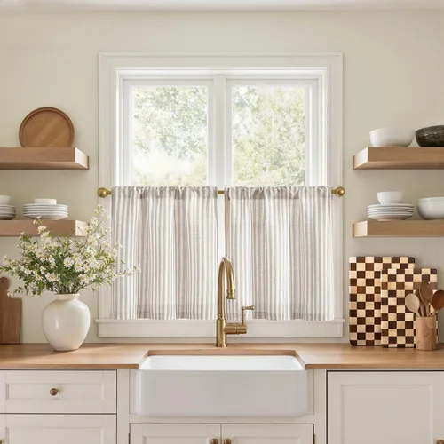 Miniatura 59 de jinchan - Cortinas de lino a rayas para cocina de 20 pulgadas de largo, cortinas de varios niveles, estilo granja moderna de café, tratamientos