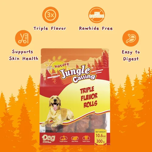 Miniatura 10 de Jungle Calling Rollos para Perros de Triple Sabor, Hechos con Carne Real de Pollo, Pato y Res, Snacks para Perros Sin Cuero Crudo, Saludables