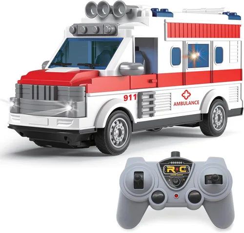 Dollox Ambulancia de control remoto de 1/30, 2.4G RC Play Car Toy 4 Canales, vehículos eléctricos de ambulancia de emergencia con luces, puerta de