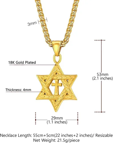Miniatura 35 de U7 - Collar con Estrella de David para hombres y mujeres, dije hexagonal de acero inoxidable con cruz/piedra de rubí/collares clásicos judíos