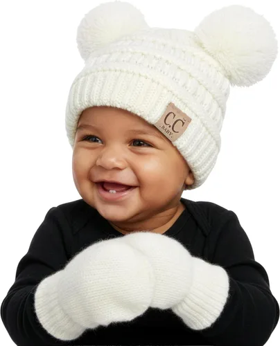 Miniatura 21 de Funky Junque Conjunto de gorro y mitones con doble pompón de pelo sintético para bebé – Gorro de invierno para recién nacidos de 0–9 meses