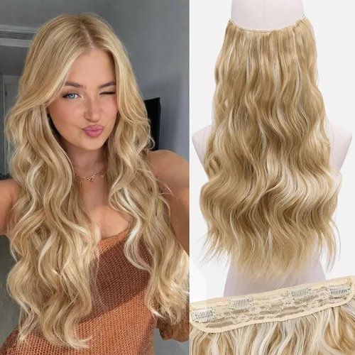 Miniatura 28 de Extensiones de cabello con halo de 12 pulgadas con alambre invisible, cabello largo ondulado ajustable, sintético, mejora con 4 clips de seguridad