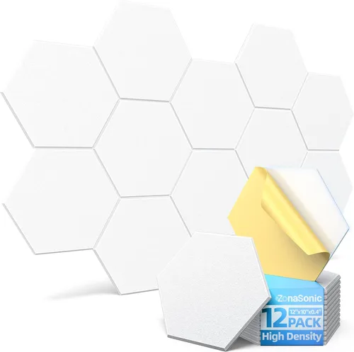 Paquete de 12 paneles acústicos hexagonales con autoadhesivos, paneles de espuma a prueba de sonido de 12 x 10 x 0.4 pulgadas para paredes, paneles