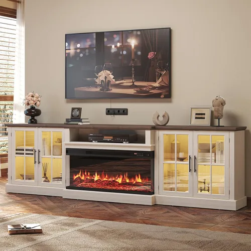 Mueble de TV de estilo granja de 98" con chimenea de 36" para televisores de hasta 100", centro de entretenimiento multimedia con estantes Blanco y