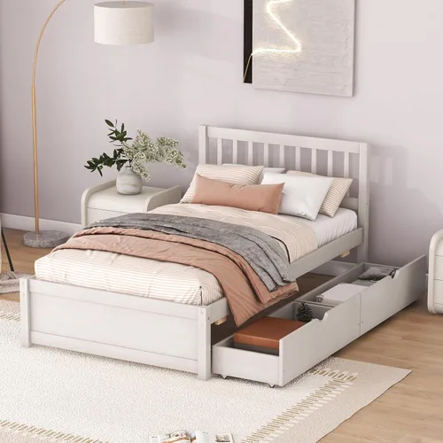 HomSof Cama de plataforma de madera de diseño moderno con cabecero y 2 cajones, color blanco