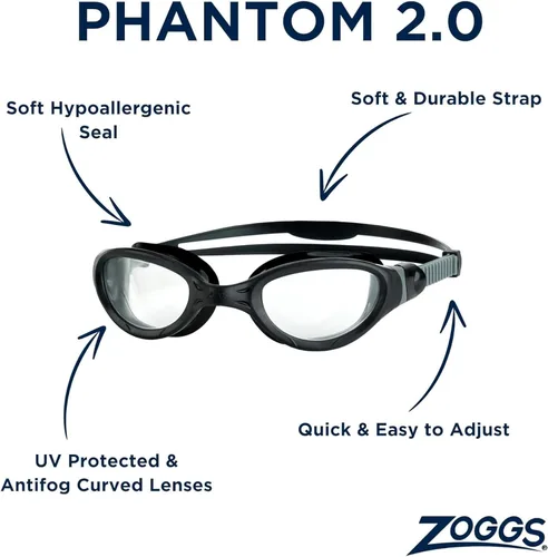 Miniatura 2 de Zoggs Gafas de natación Phantom 2.0 unisex para adultos, protección UV, visión amplia, lente curvada, ajuste rápido, sin fugas, 461031