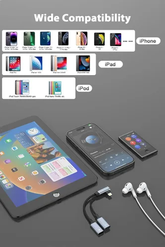 Miniatura 3 de [Certificado MFi de Apple] Divisor de iPhone para carga y auriculares, adaptador de auriculares Lightning dual compatible con control de música