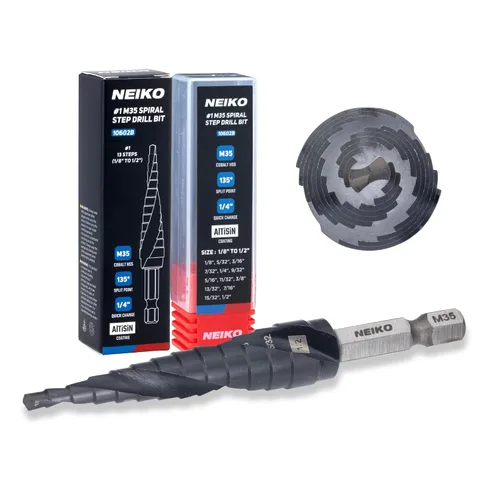 NEIKO 10602B Step Drill Bit, 13 Steps 1/8" to 1/2" Spiral M35 Cobalt, AlTiSiN Coated, 1/4" Quick Change Step Bits for Steel, Metal, Wood, Plastic,