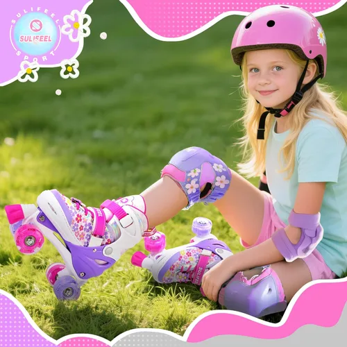 Miniatura 7 de SULIFEEL Rainbow Unicorn - Patines ajustables de 4 tamaños para niñas y niños de 3-5, 5-8, 6-12 años, patines para interiores y exteriores H Floral