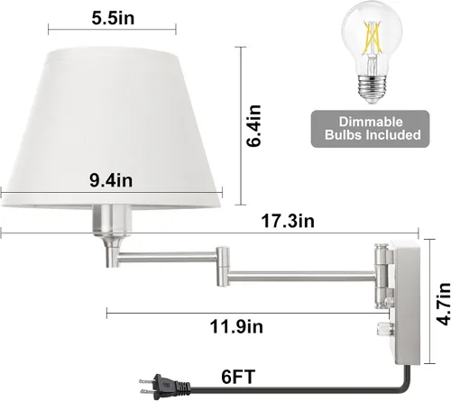 Miniatura 6 de TRLIFE Aplique de pared enchufable, juego de 2 lámparas de pared regulables con brazo oscilante de níquel cepillado, cable de enchufe y interruptor