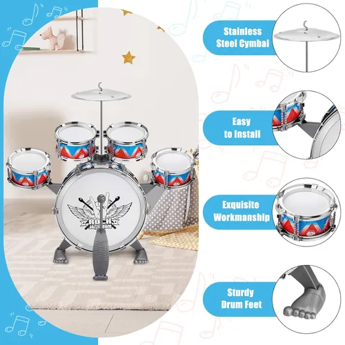 Miniatura 2 de Juego de batería para niños pequeños, kit de batería de jazz con taburete, instrumentos musicales, juguetes de cumpleaños, Navidad, regalos