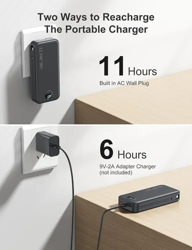 Miniatura 5 de aonidi Cargador ultraportátil de 20000 mAh PD20W con cables integrados y enchufe de pared de CA, cargador de teléfono celular de carga rápida, Negro
