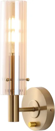 BYOLIIMA Apliques de pared modernos con pantallas de vidrio ámbar a rayas, latón cepillado dorado, lámparas de tocador de baño, interruptor de