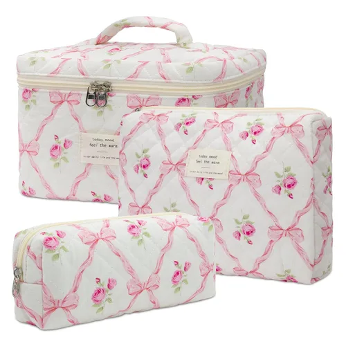 Miniatura 19 de Bolsa de maquillaje, bolsas de cosméticos acolchadas, bolsas de maquillaje florales grandes para mujeres, organizador de maquillaje, bolsa de aseo