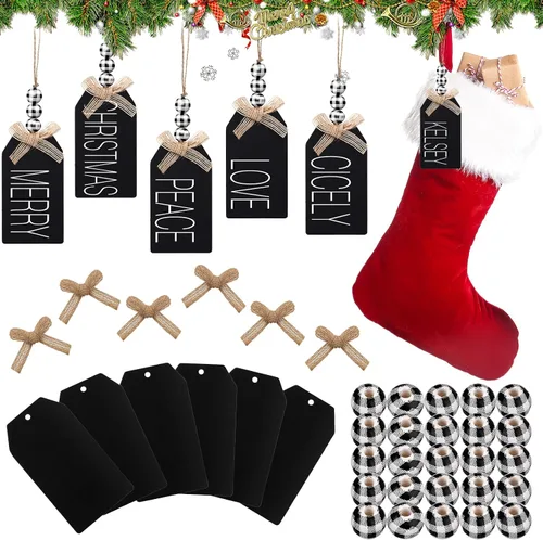 Junkin Juego de 12 etiquetas de nombre para medias de Navidad, adornos navideños de estilo granja para colgar, DIY sin terminar, personalizadas,