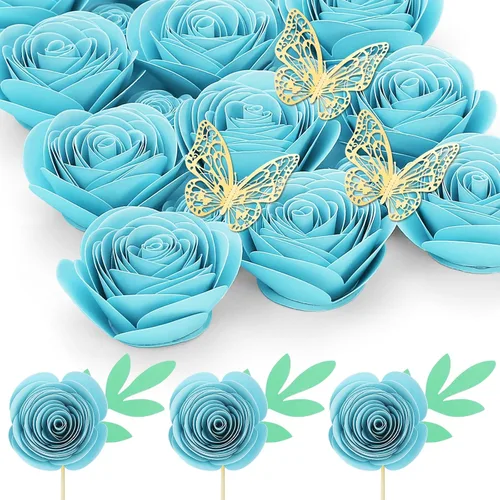 Mverse Rosas Azul Claro Flores Artificiales, Mini Flores de Papel Manualidades DIY Decoraciones de Regalo para Marco de Caja de Sombra 16- Azul claro