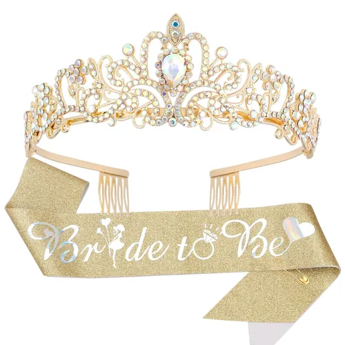 Miniatura 19 de Kit de corona de novia y corona de novia, decoraciones de CIEHER para despedida de soltera, oro rosa, corona de princesa para mujeres y niñas