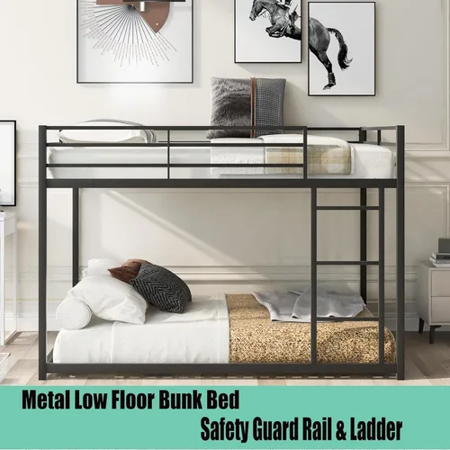 Miniatura 3 de Literas de metal de tamaño matrimonial sobre matrimonial, litera baja de metal con escalera para niños, adolescentes y adultos, marco de cama