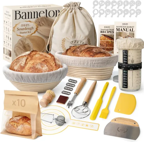 Miniatura 9 de BAVIFY Kit Inicial para Masa Madre, Juego de Cestas Redondas de 9" y Ovaladas de 10" para Prueba de Pan Banneton, Suministros para Hornear Pan