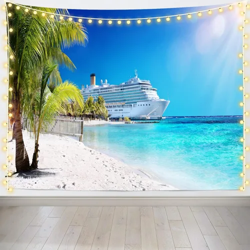 Miniatura 6 de Loccor Tapiz de crucero con diseño de palmera del mar caribeño, coral, playa, tapiz para colgar en la pared, isla tropical, sol, verano, vacaciones