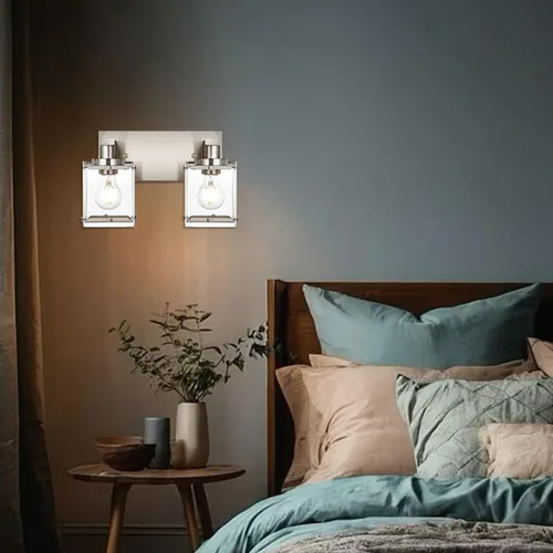 Miniatura 5 de Iluminación de aplique de pared de 2 luces con base de bombilla E26, lámpara de tocador de baño moderna de níquel cepillado para sobre espejo