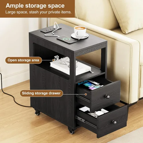 Miniatura 6 de Mesa auxiliar estrecha con estación de carga y ruedas, mesa auxiliar de sofá estrecha móvil con puertos USB y salidas para espacio pequeño, sala