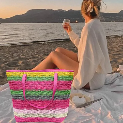 Miniatura 46 de Bolso grande de paja para mujer, tejido de ratán, bolso de playa de verano, a rayas