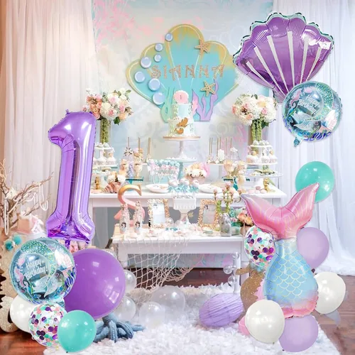 Miniatura 3 de Decoraciones de cumpleaños de sirena número 1: 13 globos de cola de sirena