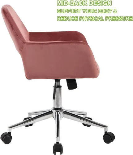 Miniatura 6 de Silla de oficina de terciopelo rosa rosa, silla giratoria ajustable de altura media, silla de computadora con ruedas modernas para oficina en casa