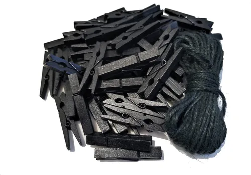 Pinzas de madera negras de 1.9 pulgadas para fotos de Halloween, manualidades, manualidades, tendedero, clips de lavandería con cordel de yute,