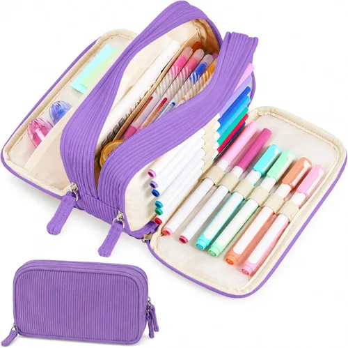 Miniatura 9 de Sooez Estuche de Lápices de Gran Capacidad con Funda para Bolígrafos, Bolsa de Lápiz de Corduroy Suave con 3 Compartimentos, Múltiples Bolsillos
