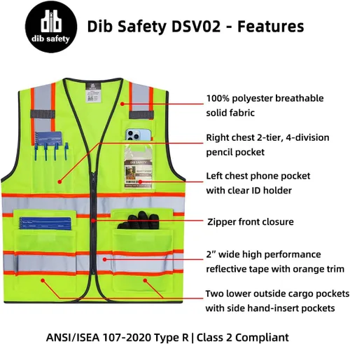 Miniatura 4 de Dib Safety Chaleco reflectante de alta visibilidad en dos tonos con bolsillos y cremallera, cumple con ANSI Clase 2, amarillo con ribete naranja, XL
