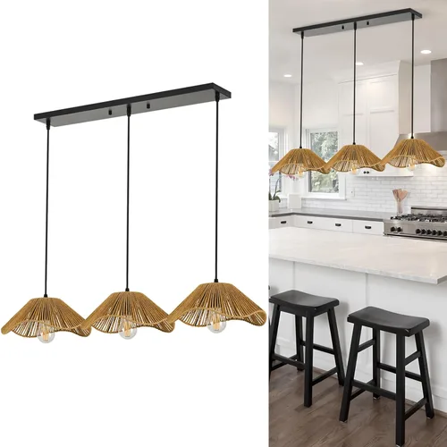 Miniatura 11 de 1 lámpara colgante de bambú tejida a mano, estilo bohemio, elegante, cordón ajustable, ratán de bambú, lámpara colgante de techo para comedor, bar