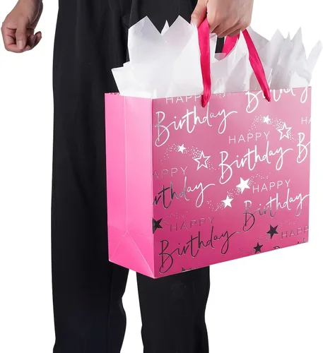 Miniatura 5 de JWSCYSY Bolsa de regalo grande plateada metálica impresa con texto en inglés "Happy Birthday", bolsa de regalo de papel para mujeres y niñas, fiesta
