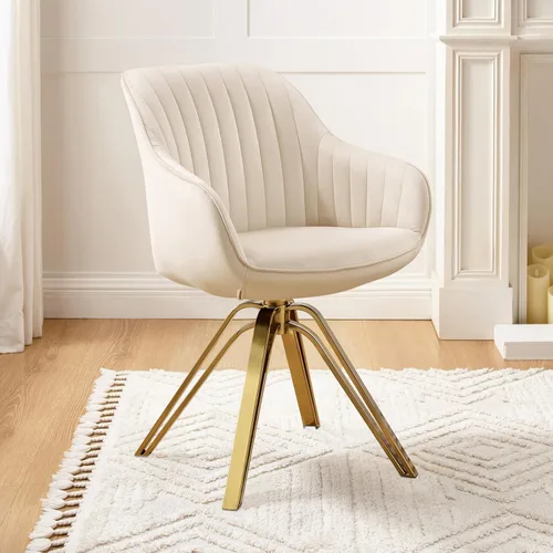 Art Leon Silla giratoria moderna de mediados de siglo, silla de escritorio sin ruedas, sillón tapizado de tela con patas doradas, blanco roto Blanco